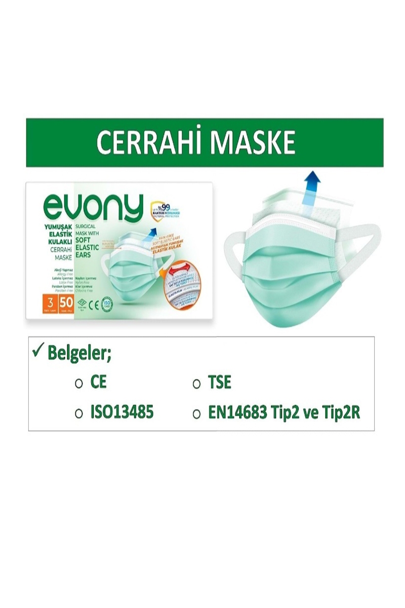 Evony Maske 3 Katlı Lastikli Cerrahi Yüz Maskesi 50 Adet